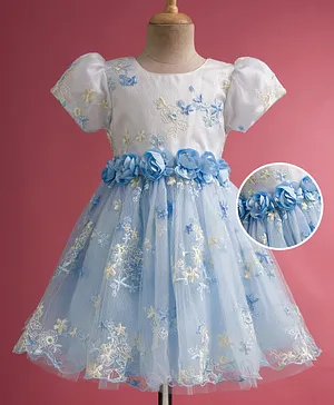 Mark & Mia Woven Half Sleeves
                              Party Dress With Floral Embroidery &
                              Corsage - Blue