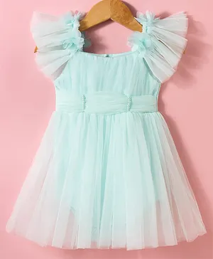 Mark & Mia Woven Half Sleeves
                              Solid Frock Style Party Onesie with Floral
                              Applique - Sea Green