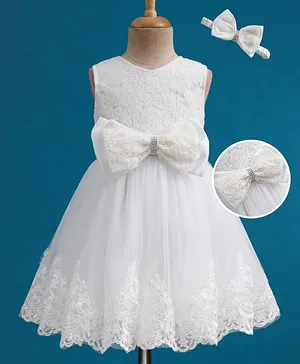 Mark & Mia Woven Sleeveless Party
                              Dress With Floral Embroidery Bow Applique
                              & Headband - White