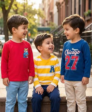 Babyhug Cotton Knit Full Sleeves T-Shirts with Stripes Tiger & Players Chicago 27 Graphics Pack of 3 - Yellow Red & Blue