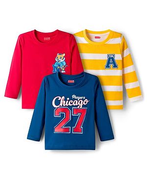 Babyhug Cotton Knit Full Sleeves T-Shirts with Stripes Tiger & Players Chicago 27 Graphics Pack of 3 - Yellow Red & Blue