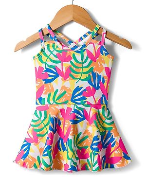 Babyhug Sleeveless Water Repellant  Frock Swimsuit with Tropical Theme Print - Pink Blue & White