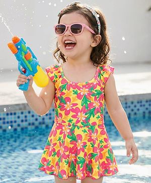 Babyhug Sleeveless Floral Printed Water Repellant Frock Swimsuit - Mutlicolour