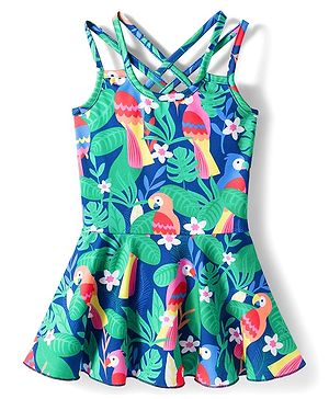 Babyhug Sleeveless Jungle Theme Printed Sleeveless Frock Swimsuit - Multicolour