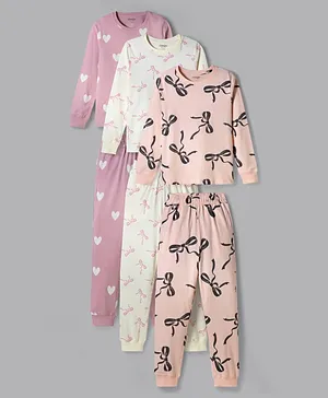 Primo Gino 100% Cotton Knit Full
                              Sleeves Co-Ords T-Shirt & Pyjama
                              Night-Suit With Bow & Heart Print Pack
                              of 3 - White Peach & Light Pink