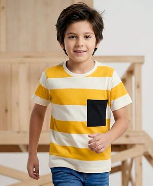 Pine Kids 100% Cotton Knit Half Sleeves Striped T-Shirt - Yellow & White