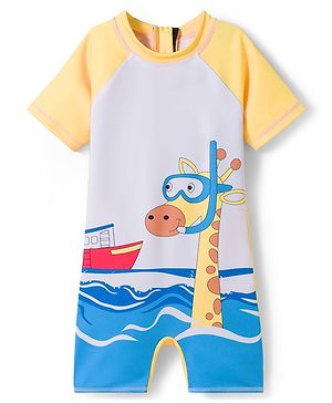 Babyhug Raglan Half Sleeves Nautical Theme & Animal Printed Legged Swimsuit - Blue