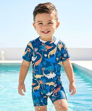 Babyhug Water Repellant Half Raglan Sleeves Legged Swimsuit   With Dino Print - Navy Blue