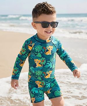 Babyhug Water Repellent Full Raglan Sleeves Legged Swimsuit With Lion Print - Navy Blue