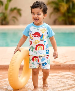 Babyhug Water Repellant Half Raglan Sleeves Beach Theme Printed Two Piece Swimsuit - Light Blue