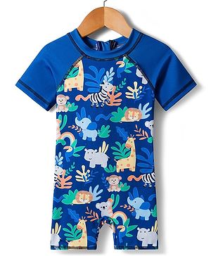 Babyhug Water Repellant Half Raglan Sleeves Legged Swimsuit  with Animal Print - Navy Blue
