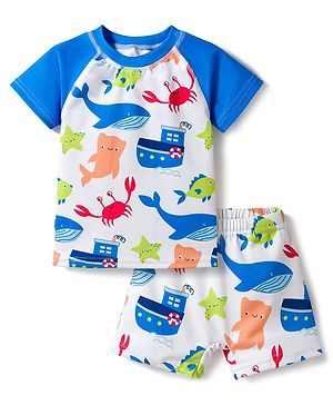 Babyhug Water Repellent Half Raglan Sleeves Sea Life Printed Two Piece Swimsuit - Blue
