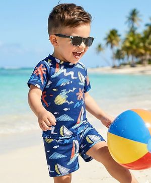 Babyhug Half Raglan Sleeves Beach Theme Printed Two Piece Swimsuit - Navy Blue