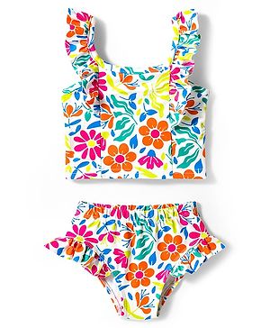 Babyhug Water Repellent Sleeveless Two Piece Swimsuit With Floral Print - White