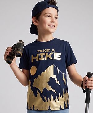 Pine Kids Cotton Knit T-Shirt with Half Sleeves and Take A Hike Text Print - Navy Blue