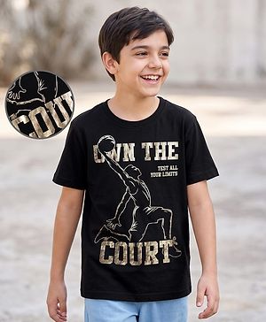 Pine Kids Cotton Knit T-Shirt Sports Graphic Print Round Neck Half Sleeves  Black 4-5 Years
