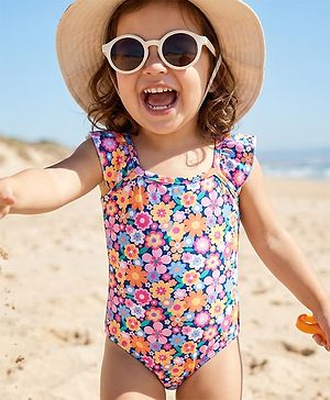 Babyhug Water Repellent Sleeveless V Cut Swimsuit With Floral Print - Multicolor