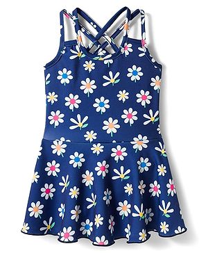 Babyhug Sleeveless Floral Printed Frock Swimsuit - Navy Blue