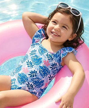 Babyhug Water Repellent Sleeveless V Cut Swimsuit With Leaf Print - Blue