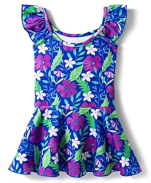 Babyhug Water Repellent Sleeveless Floral Printed Frock Swimsuit - Navy Blue