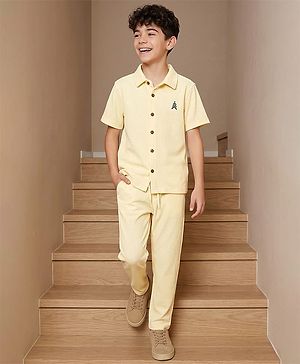 Pine Kids Waffle Knit Half Sleeves Solid Shirt & Lounge Pant Set - Yellow