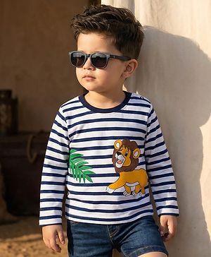 Babyhug Cotton Knit Full Sleeves Striped T-Shirt With Lion Print - Multicolor