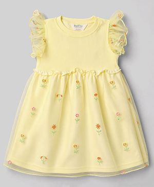 Bonfino Cotton Woven One Piece Dresses/Frocks with Embroidery Details WHITE / YELLOW 6-9 Months