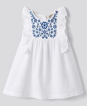 Bonfino 100% Cotton Slub Woven Frill Sleeves Floral Embroidered A Line Frock - White