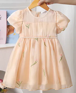 Mark & Mia Half Puffed Sleeves
                              Floral Embroidered Flared Party Dress with
                              3D Butterfly Applique - Peach