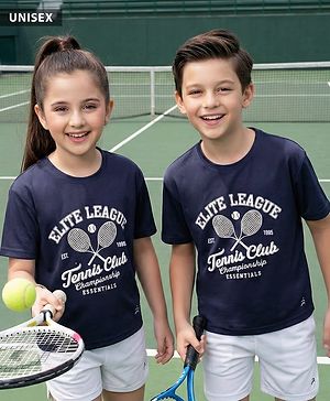 Pine Active Knit Drop Shoulder Drop Shoulder Half Sleeves T-Shirt with Tennis Print - Navy