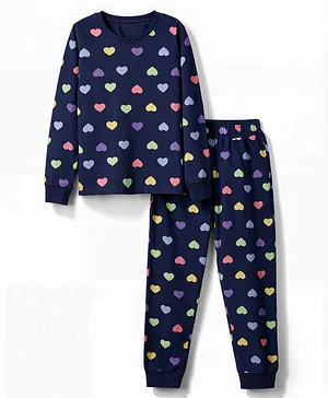Primo Gino 100% Cotton Knit Full
                              Sleeves Hearts Printed Co-Ords T-Shirt
                              & Pyjama Night Suit - Navy Blue