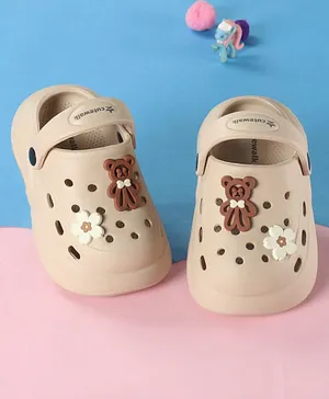 Cute Walk by Babyhug Back Strap Solid Clogs With Floral & Bear Applique - Beige