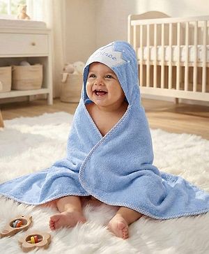 Babyhug Microfiber Knit Hooded Towel With Text Embroidery Light L 76 x B 69 cm - Blue