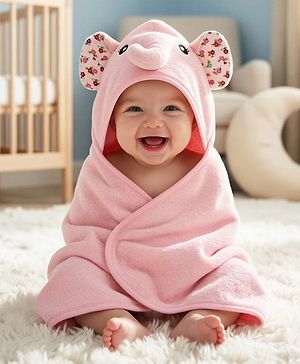 Babyhug Terry Knit Hooded Towel With Elephant Design & Floral Print L 73 x B 73 cm - Pink