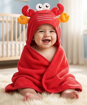 Babyhug Terry Knit Hooded Towel With Crab Design L 71.5 cm X B 68.5 cm -  Red