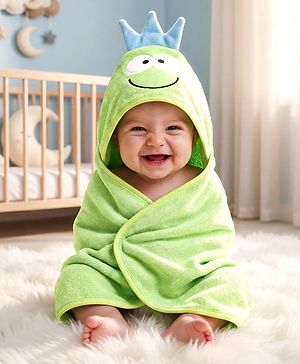 Babyhug Terry Knit Hooded Towel With Frog Design L 73 x B 73 cm - Lime Green