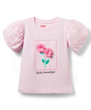Babyhug Cotton Knit Half Sleeves T-Shirt With Floral Applique - Pink