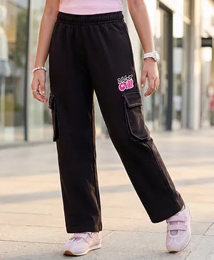 Pine Kids Knit Full Length Track Pant
                              with Text Print & Pockets - Black