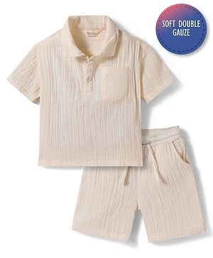 Bonfino 100% Cotton Double Cloth Knit Drop Shoulder Half Sleeves Solid Color Co-ords Shirt & Shorts Set - Off White