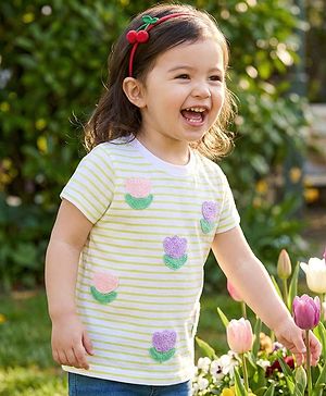 Babyhug 100% Cotton Knit Half Sleeves Floral Embroidered Striped T-Shirt - Multicolour