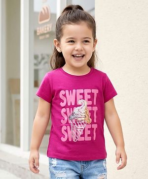 Babyhug Cotton Knit Half Sleeves T-Shirt With Ice Cream Sequins Detailing - Pink