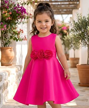 Babyhug Woven Sleeveless Scuba Fabric with Cotton Lining Party Dress with Corsage Detailing - Neon Pink