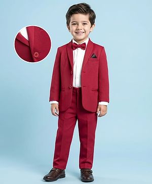 Babyhug Knit Full Sleeves Solid Stretchable 3 Piece Party Suit with Bow - Maroon