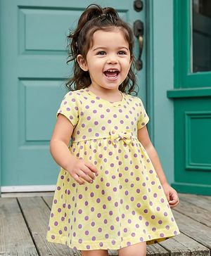 Babyhug 100% Cotton Knit Half Sleeves Polka Dots Printed Frock With Bow Applique - Yellow