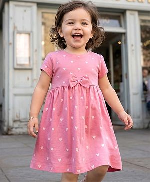 Babyhug Single Jersey Knit Half Sleeves Frock With Polka Dot Print & Bow Applique - Pink