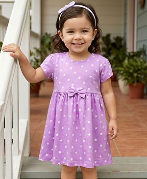 Babyhug 100% Cotton Knit Half Sleeves Star Printed Frock With Bow Applique - Purple