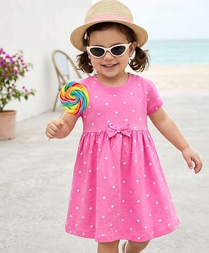 Babyhug 100% Cotton Knit Half Sleeves Hearts Printed Frock With Bow Applique - Pink