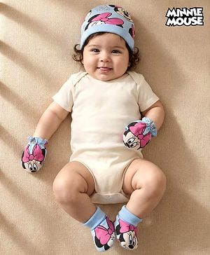 Babyhug Disney Cap, Mittens & Booties Set with Miniie Mouse & Family Print Multicolour - Diameter 9 cm