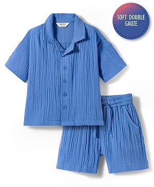 Bonfino 100% Cotton Double Cloth Knit Drop Shoulder Half Sleeves Solid Color Resort Collar Shirt & Shorts Set - Blue