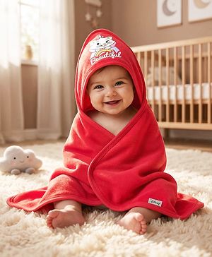 Babyhug Disney 100% Cotton Knit Hooded Towel With Disney Marie Graphics L 76 x B 76 cm - Red
